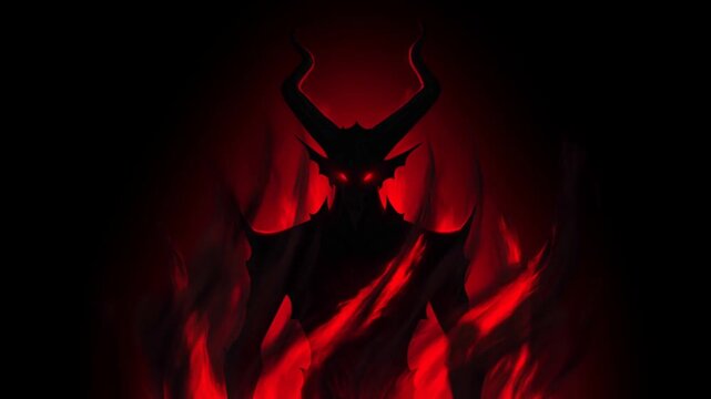 Dark horned demon silhouette standing amid swirling red flames in a black void