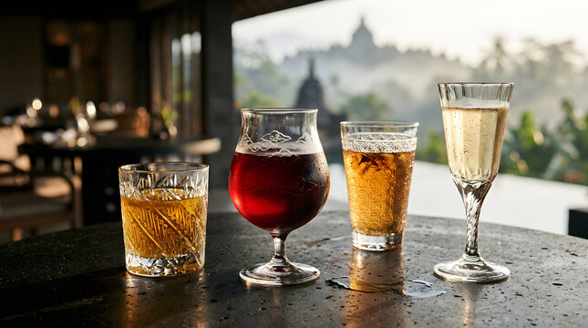 Crystal Vessels Displaying Various Beverages Against a Serene Temple Background at Dawn