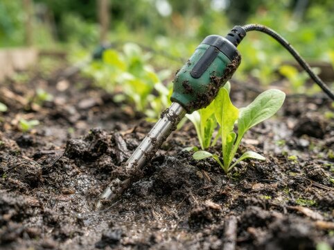moisture sensor farmers Garden soil being tested with a digital moisture meter near a young plant.
