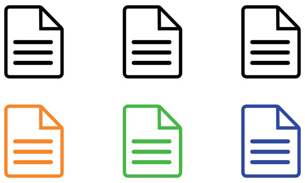 Collection of six document icons in black, orange, green, and blue on a white background.