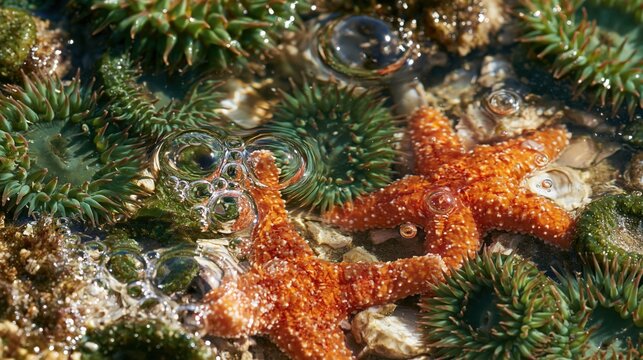 Tide pool extreme macro, two orange starfish among anemones