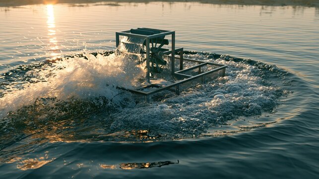 Aquaculture aerator churning water in fish farm pond