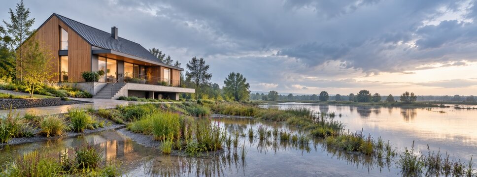 Flood Resilient Elevated Riverside Home With Rain Garden
