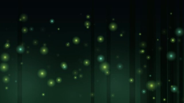 Glowing green fireflies sparkling in dark forest background abstract magical glowing light particle bokeh vector illustration