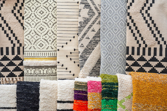 Colorful Woven Rugs and Natural Fiber Carpets with Decorative Patterns, Mojacar, Spain