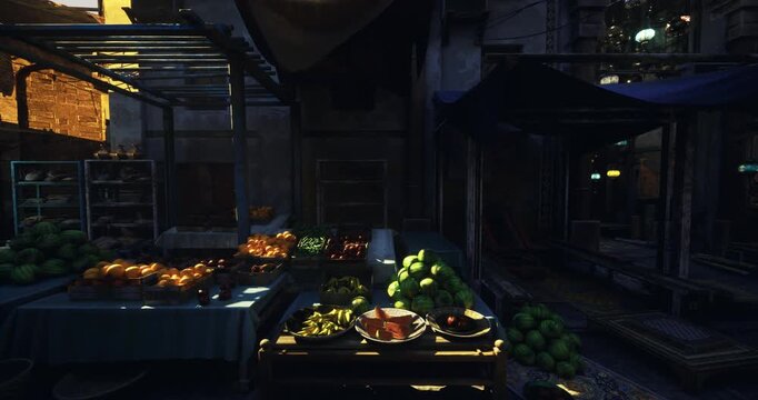 Colorful fresh fruit arranged under warm lighting, An inviting scene of bright fruits on rustic wooden stall illuminated by warm lamps behind canopy