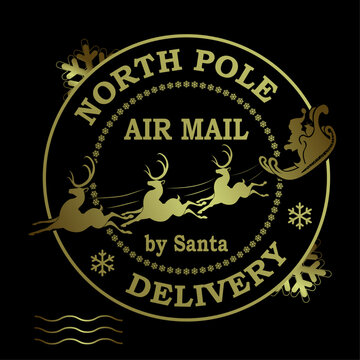 Merry Christmas. A gold round stamp with Santa Claus in a sleigh with reindeer