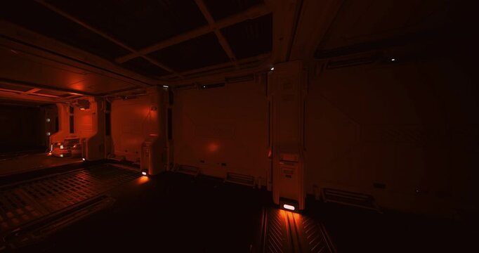 red lit industrial cargo staging with service robots and stacked pallets, automated loader tracks and tool cabinets, ambient emergency lamps create industrious