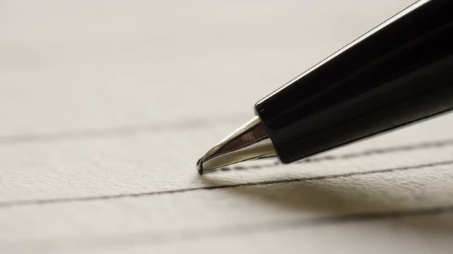 Black ballpoint pen tip resting on lined white paper, closeup view of writing surface