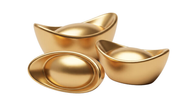 Chinese gold ingot sycee symbols of wealth, traditional lunar new year metal gold ingots, asian fortune prosperity concept element isolated PNG with Transparent Background