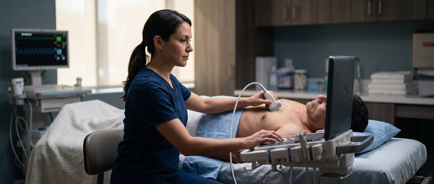 Cardiac sonographer performs echocardiogram on adult patient using ultrasound transducer to assess heart function, supporting cardiovascular diagnostics, cardiac screening and preventive heart care.