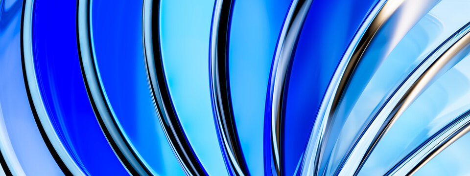 Vertical cobalt glass arcs with luminous edges in abstract 3D wallpaper