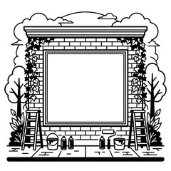 Blank brick wall mural frame with painting equipment ladders spray cans and buckets for art design © Rashni