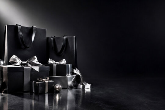 Luxury Black and Silver Gift Boxes with Shopping Bags on Dark Background