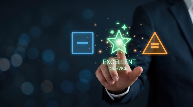 Man in suit selecting excellent service rating star icon on touch screen, customer satisfaction survey, five-star review, quality assessment, business feedback