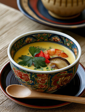 Traditional Japanese Chawanmushi Steamed Egg Custard with Shrimp, Mushroom and Parsley