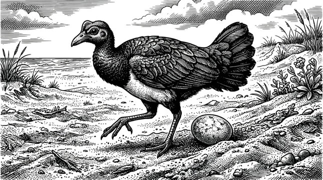 Vintage engraving of a wild bird standing near an egg on a sandy beach