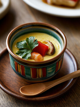 Traditional Japanese Chawanmushi Steamed Egg Custard with Shrimp, Mushroom and Parsley