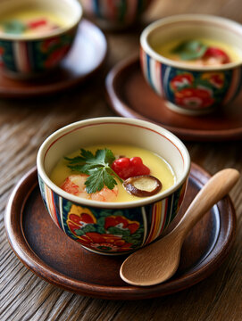 Traditional Japanese Chawanmushi Steamed Egg Custard with Shrimp, Mushroom and Parsley