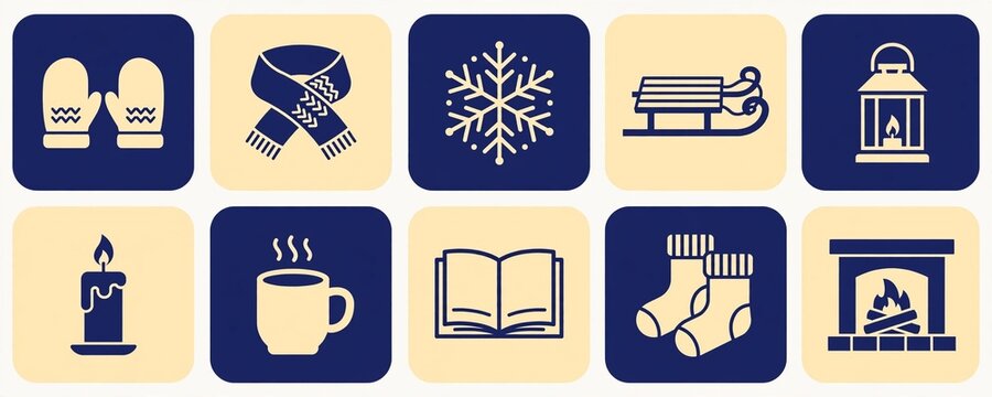 Cozy winter hygge icon set with mittens, scarf, snowflake, sled, lantern and fireplace on navy and cream tiles