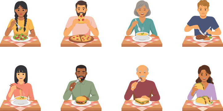 Diverse People Eating Different Fast Food Meals Vector Illustration Set Featuring Diverse Characters Having Lunch Dinner Pizza Burger Salad and Soup