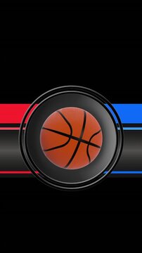 Vertical video: Red dot scaling into basketball, ring framing, red-blue bars sliding in, framing