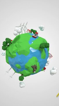 Vertical video: On start sphere morphing into low poly planet, plane circling revealing turbines