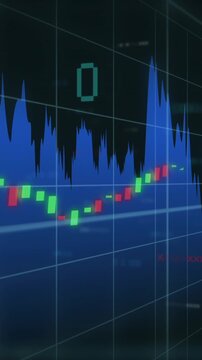 Vertical video: Animated finance chart panning right on pan, candles rising, settling to show trend