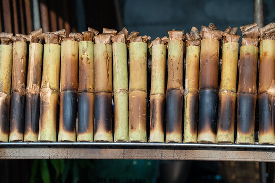 Cooking of exotic Asian dish Khao Lam, bamboo tubes filled with sticky rice roasting on hot coals, rows of tubes leaning over open fire and preparing for several hours until rice is roasted through
