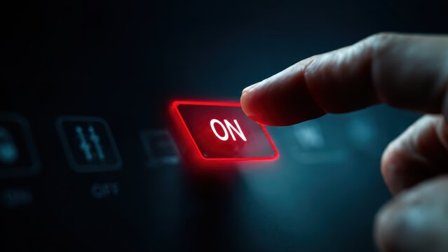 Hand pressing red on button, representing warning, rejection, cancellation and critical control action