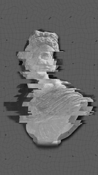 Vertical video: Glitch causing marble bust shifting in stacked bands, then settling to show repair