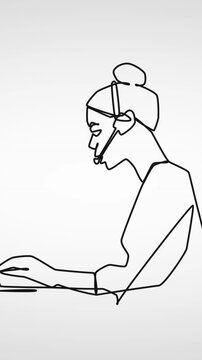 Vertical video: Lines emerging line sketch forming rep with headset typing and speaking for support