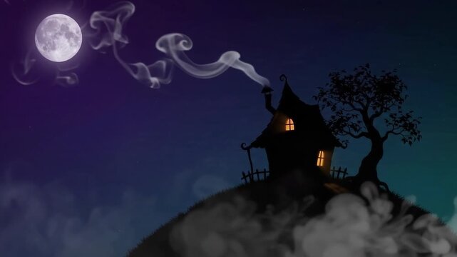 Spooky Halloween night sky motion background featuring a dark silhouette haunted house on a hill with glowing windows, curling chimney smoke, and a bright full moon