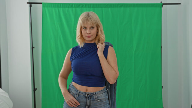 Woman posing with denim jacket over shoulder showing midriff in studio; confidence relaxed casual.