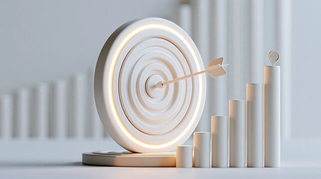 Softly illuminated 3D target with an arrow embedded in the center, ascending bars fading into the background and a small 2027 marker, business goals, profit growth, financial