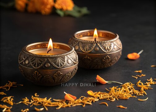 two glowing traditionally clay diyas surrounded by scattered yellow marigold fiower petals for happy Diwali