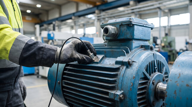 A worker placing a vibration sensor on a large industrial electric motor to analyze its condition. 