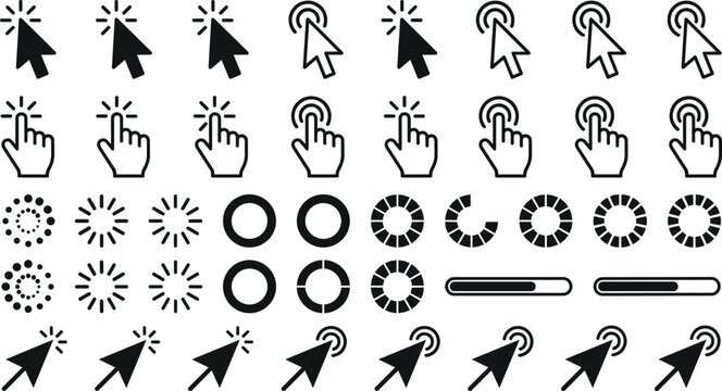 Computer Mouse Cursor, Hand Pointer, and Loading Progress Bar Vector Icon Set for Web Interfaces, Digital Applications, and User Experience Design