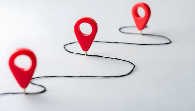 Red location markers connected by a black thread on a white background, representing navigation and mapping concepts in a creative and artistic way