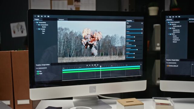 Male CGI specialists rendering explosion visual effects on computer screen. Footage suitable for digital media and tech marketing