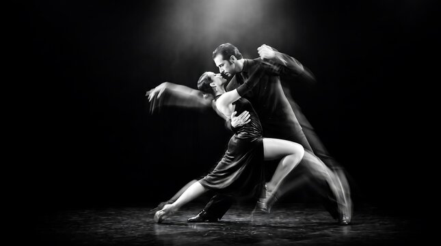 Passionate couple dancing tango, professional dancers performing ballroom dance on dark stage background, black and white artistic photography, elegant movement, romance, lifestyle, artistic concept.