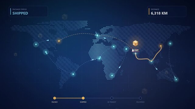 Global logistics tracking dashboard displaying international shipping routes across a world map with delivery status and transport distance connectivity
