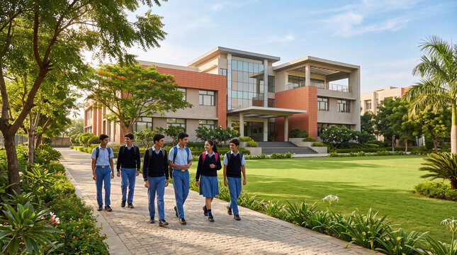 Indian Students Walking Through a Modern School Campus