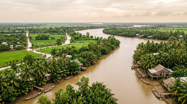 tropical river delta landscape photography featuring rural riverside settlements