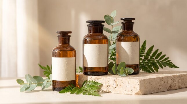 Premium skincare product still life featuring amber glass bottles, botanical leaves, and natural stone textures in soft sunlight.