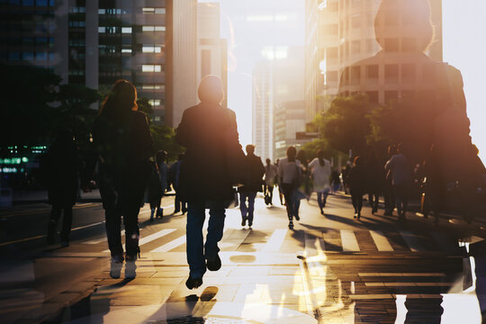 Crowd of anonymous people walking on sunset in the city streets