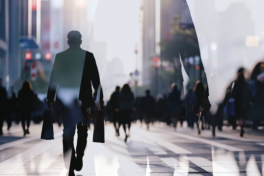 Crowd of anonymous people walking on sunset in the city streets