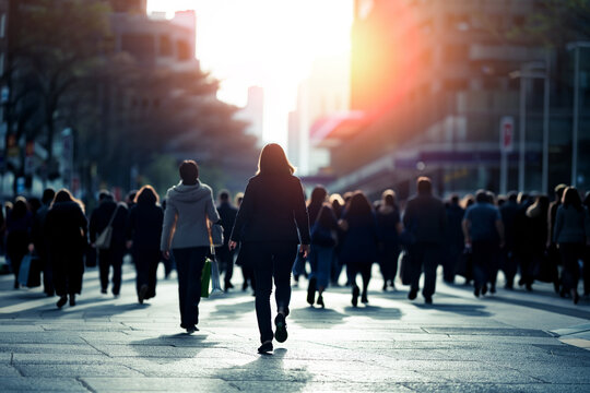 Crowd of anonymous people walking on sunset in the city streets
