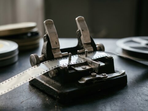 splicer Close-up of vintage film splicer with film reels in background