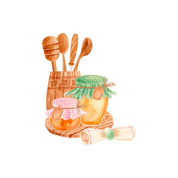 Hand drawn watercolor illustration with honey jars, wooden spoons, dipper, knife, utensil holder, serving board and rolled napkin. Isolated rustic kitchen composition for food packaging, branding.